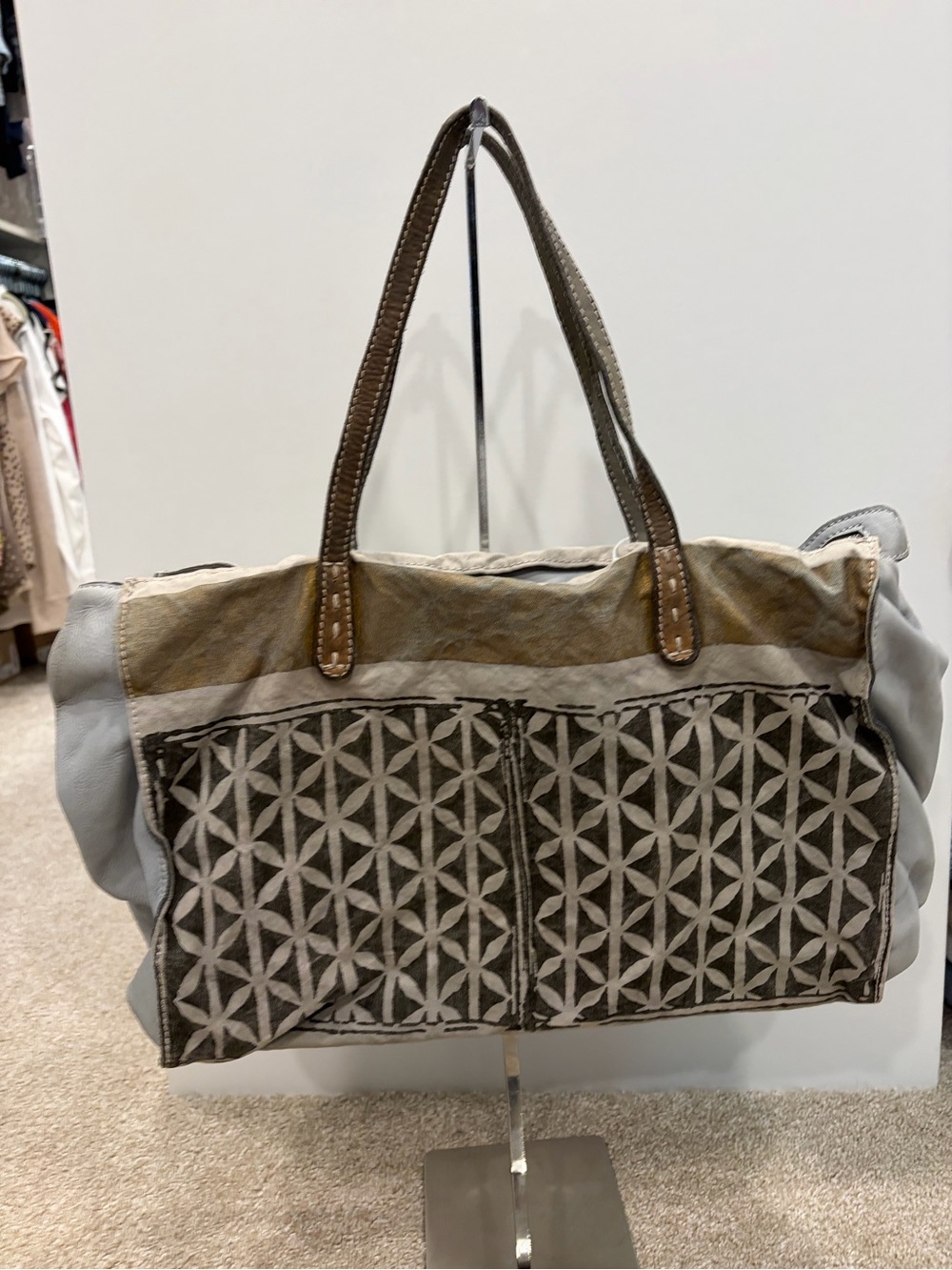 Geometric Pattern Gray & Brown Tote Bag with Leather Handles